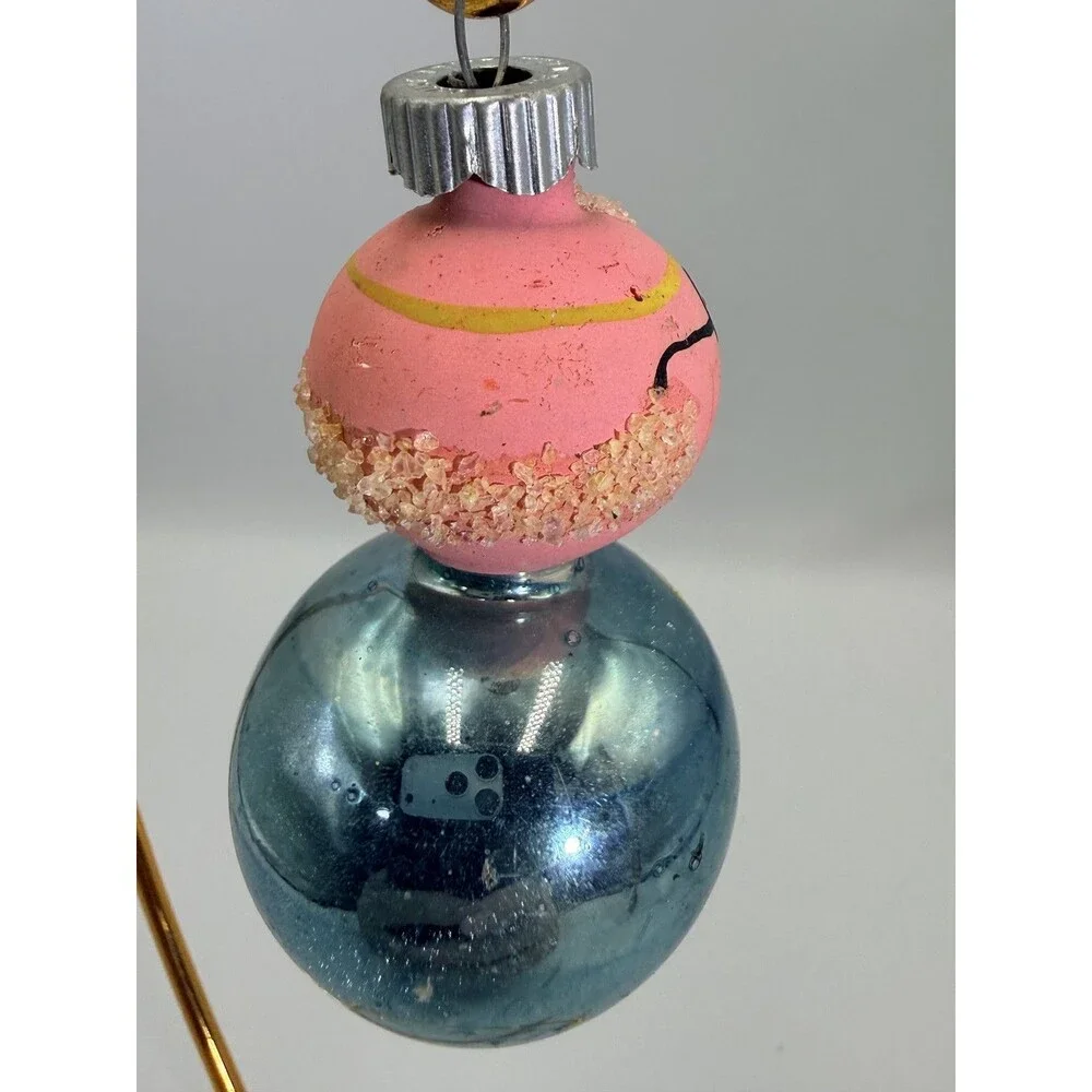 Vintage Shiny Brite Clown Grandparent Key Christmas Glass Ornament USA Pink Blue